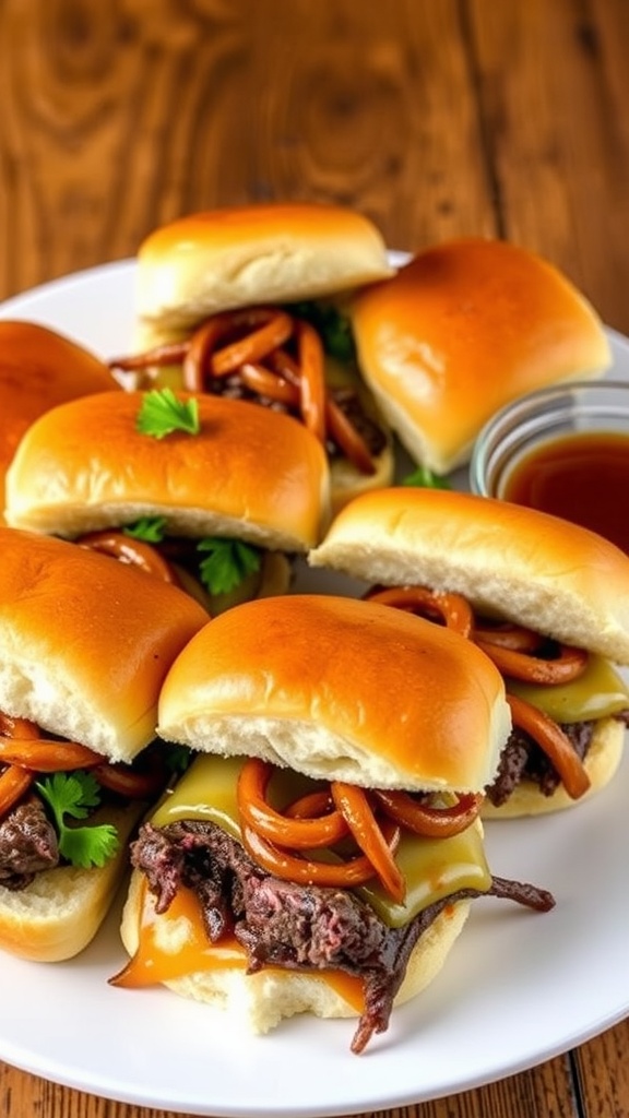 Savory Steak Um Sliders Recipe Savory Steak Um sliders with beef, cheese, and onions on slider buns, served with dipping sauce.